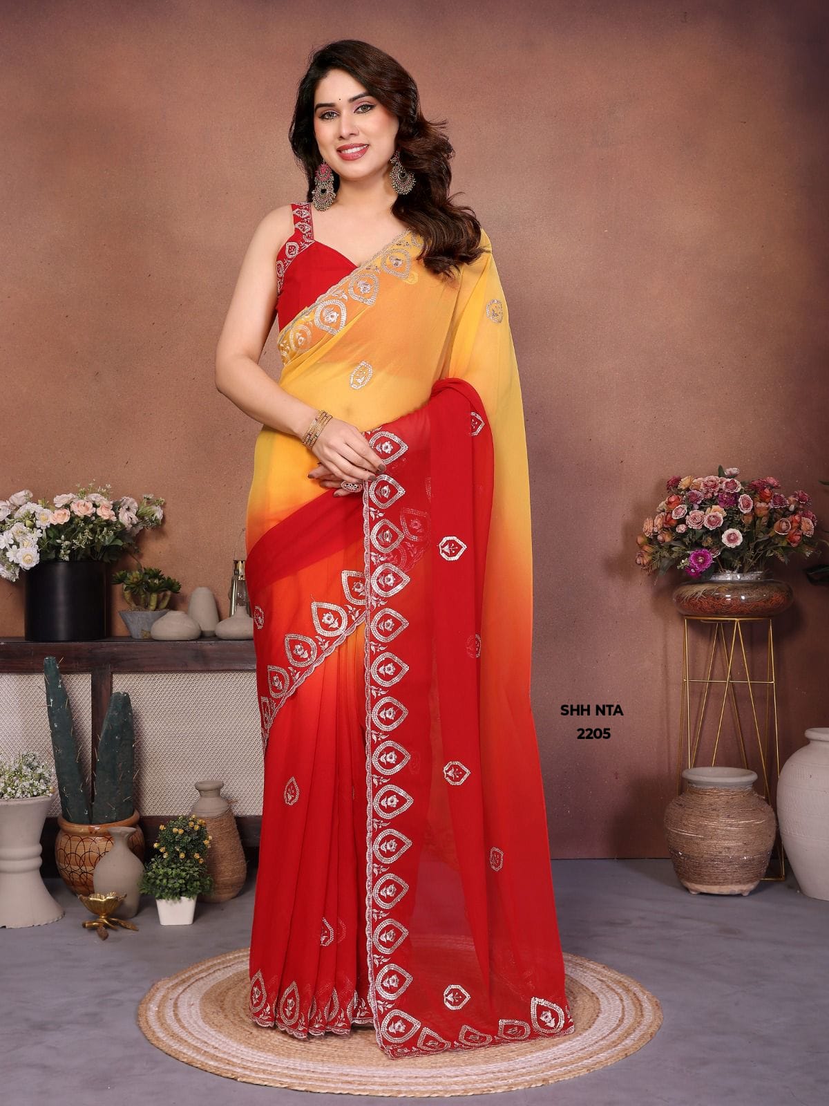 Ferozi Royal Blue and Grey Dual-Tone Ombre Georgette Saree with Elegant Silver Zari Embroidered